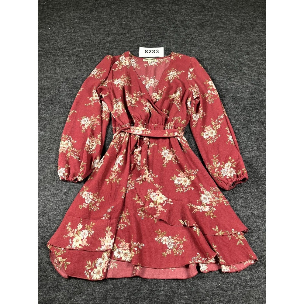 Inspired Hearts Fit & Flare Dress Womens Large Burgundy Floral Wrap V Neck